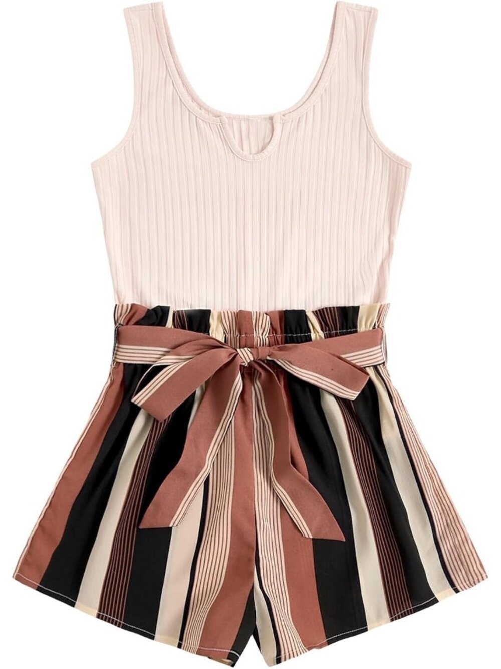 Women's Apricot Floral Summer Sleeveless Belted Tank Short Polyester Romper